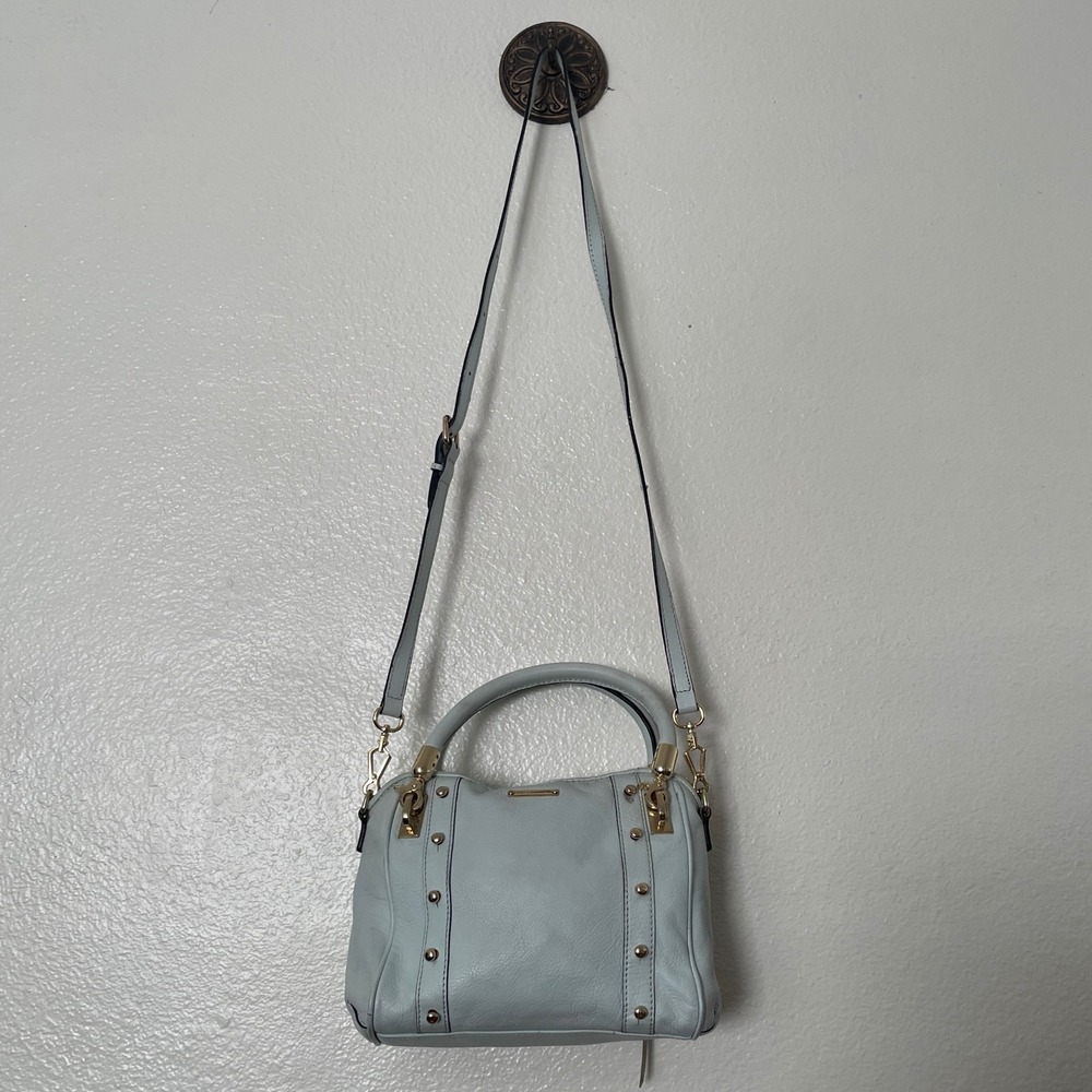 Rebecca Minkoff Moto Satchel Light Blue Leather Gold Stud Crossbody Bag Handbag